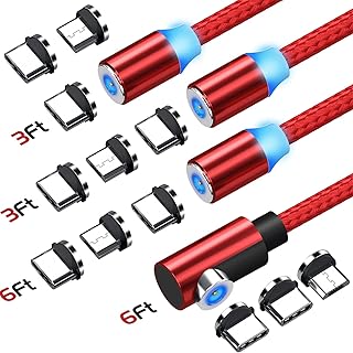 Magnetic Phone Charger Cable, FONKEN 2 in 1 Magnetic Charging Cable [4-Pack, 3ft/3ft/6ft/6ft] Nylon Braided Magnetic USB C Charge Cable for Micro USB, Type C Smartphone Red