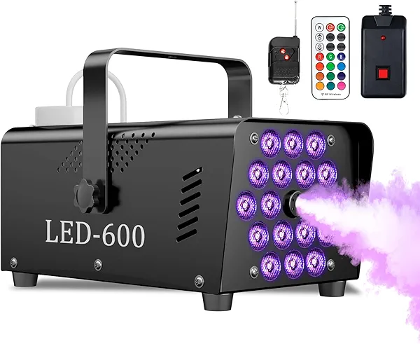 MLIKOEU Fog Machine Smoke Machine, 18 LED Lights with 13 Colors, 600W and 2500CFM Fog, Wireless&Wired Remote control, Perfect for Wedding, Halloween, Party and Stage Effect (BLACK)