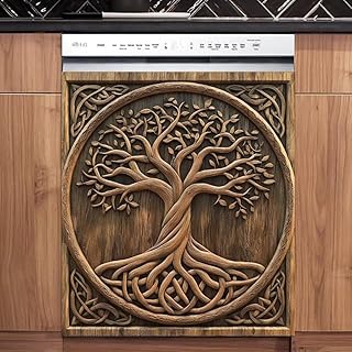 Barn Wood Door Tree of Life Magnetic Dishwasher Door Cover, 3D Carving Refrigerator Magnet Skin Cover, Wood Tree of Life Decor Appliance Sticker Fridge Panels Sticker