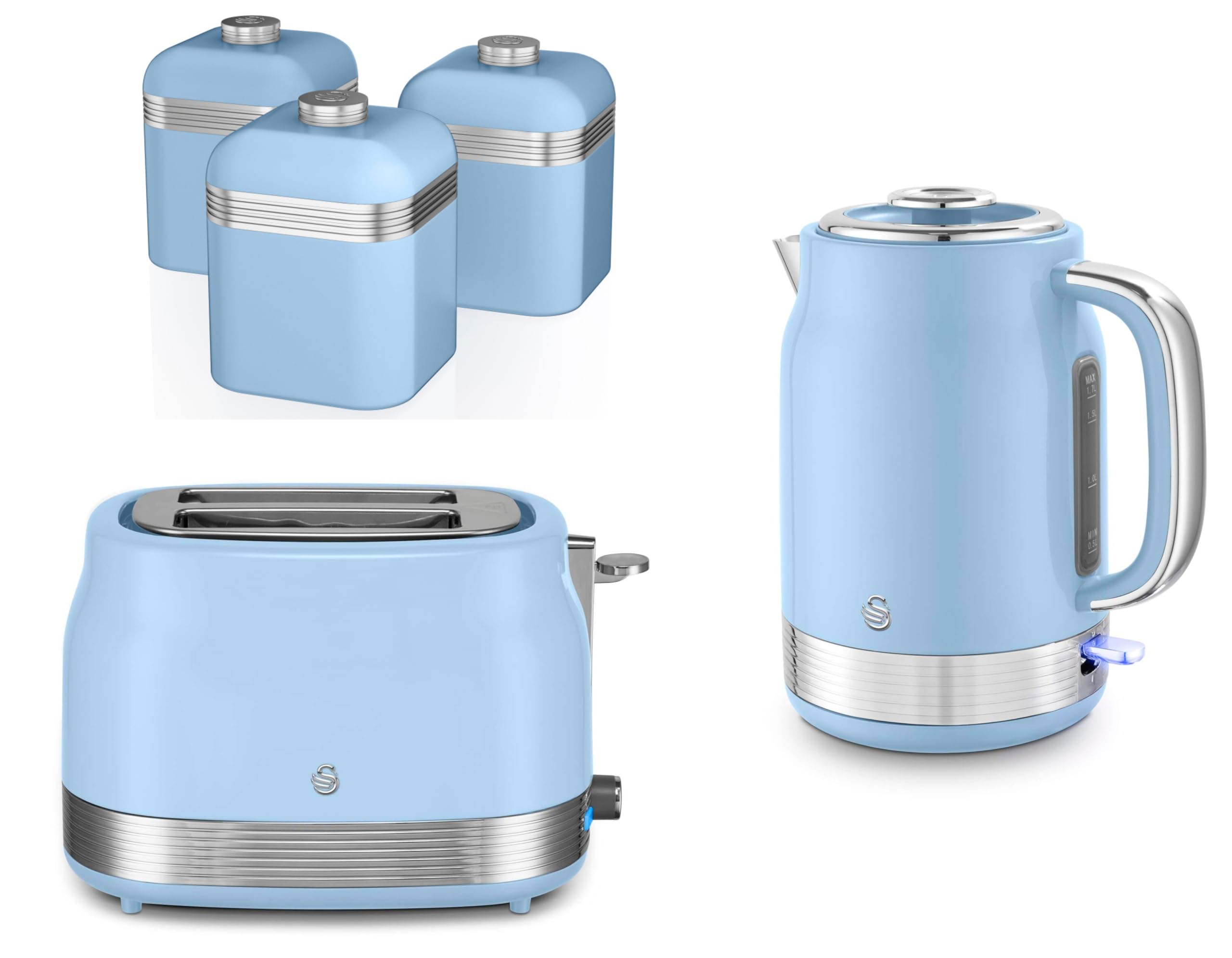 Swan Blue Retro Revive 1.7L 3Kw Jug Kettle, 2 Slice Toaster And Retro Tea, Coffee, Sugar Canisters. Matching Vintage Design Kitchen Set In With Chrome Accents