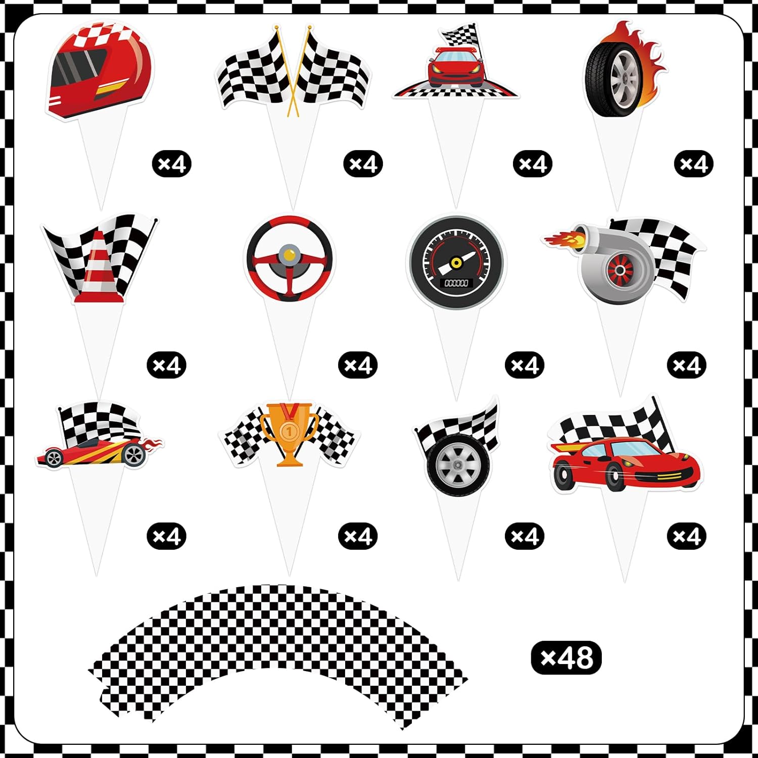 Hooqict 48 Pack Car Cupcake Toppers and Wrappers Racing Birthday Cake Decorations Checkered Flag Cupcake Toppers for Kids Boys Men Car Themed Birthday Party Decorations Favors