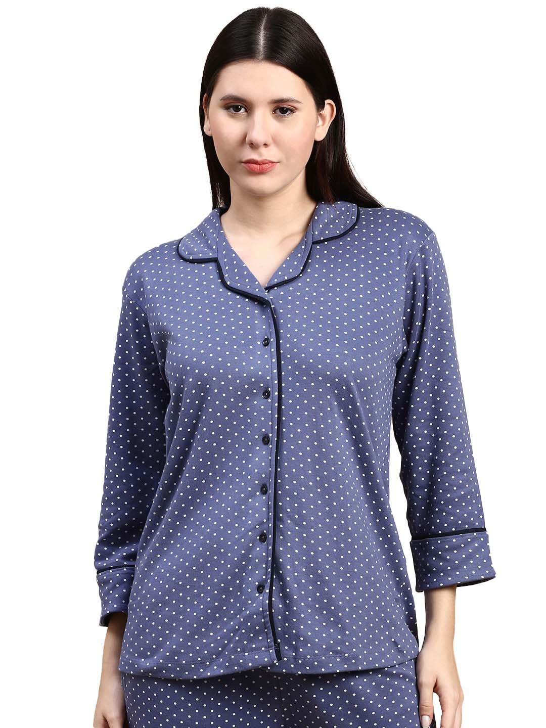 Womens Lounge Cotton Polka dot Printed 3/4th Sleeve Lapel Collar Front Open Button Placket Relaxed Fit Lounge Tshirt Shirt Top
