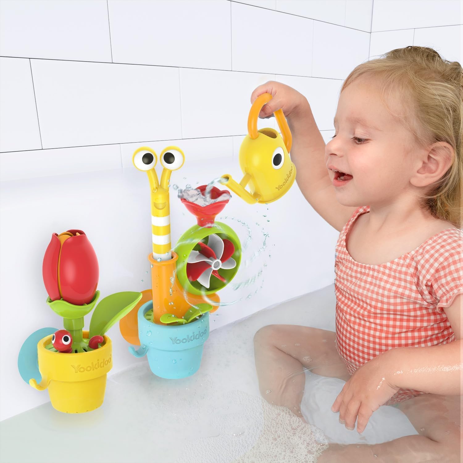 40218 - YOOKIDOO Jardin Éphémère – Jouet Bain bébé sur Le thème du Jardin- Jeu Bain et Douche - Arrosoir, Escargot, Fleurs - Cadeau bébé dès 18 Mois