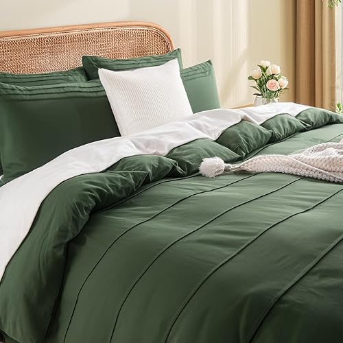 Miniatura 5 de NEXHOME PRO Funda de edredón 100% algodón orgánico, tamaño Queen, funda de edredón plisada con textura verde bosque, juego de ropa de cama de 3