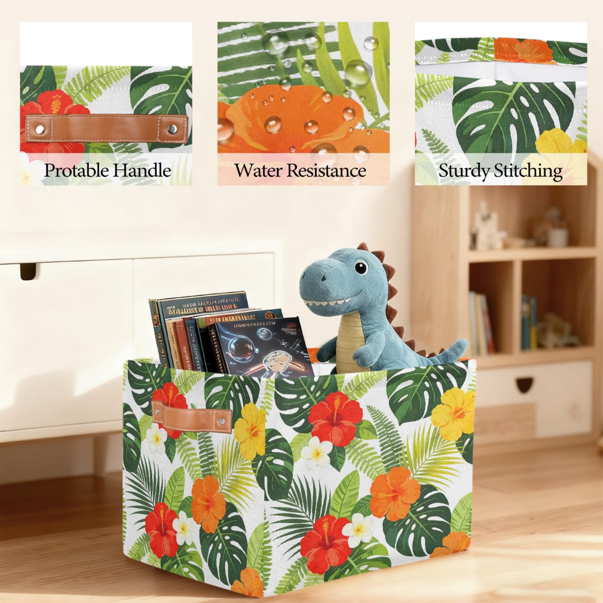 Bunter Hibiskuspalmenblätter, rechteckiger Aufbewahrungskorb mit Ledergriffen, faltbarer Stoff-Aufbewahrungskorb für Schrank, Badezimmer, Wohnzimmer, Büro, Spielzeug, Organizer, Wäschekorb, 2