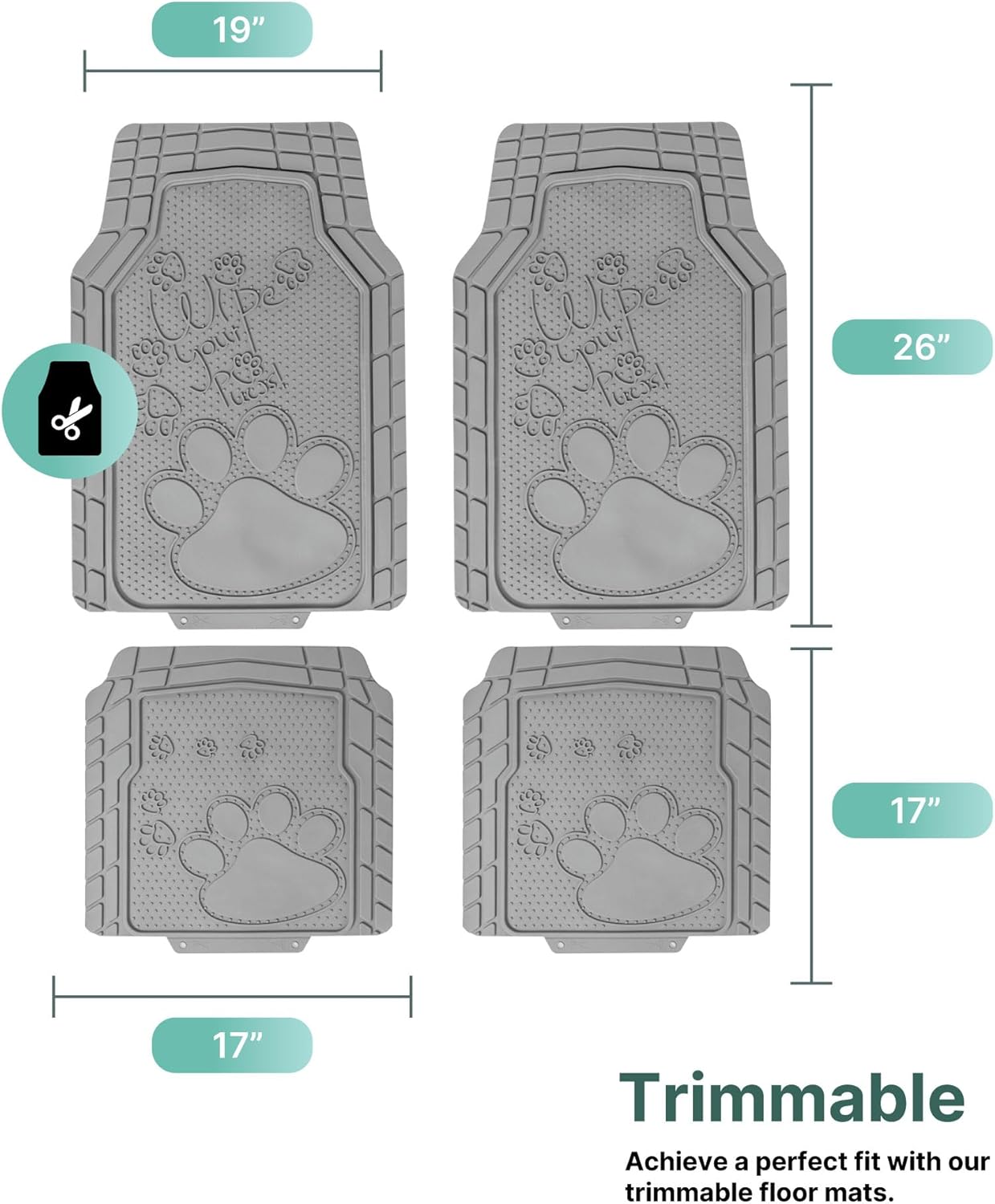 FH Group Car Floor Mats - Adorable Paw Print, Heavy-Duty Rubber Floor Mats for Cars, Universal Fit Full Set, Climaproof Floor Mats, Trimmable Floor Mats Fit Most Sedan, SUV, Truck Floor Mats Gray