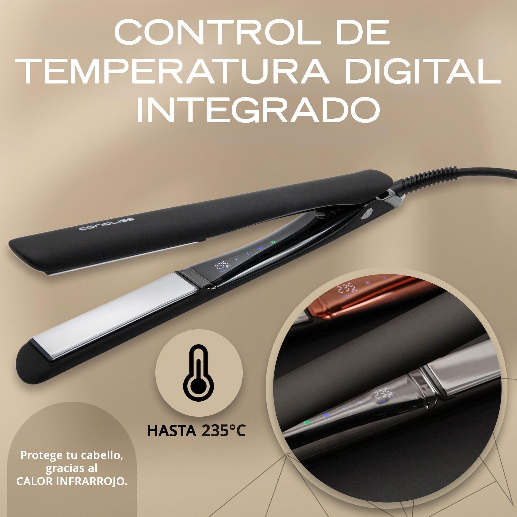 Corioliss C5 | Plancha del Pelo Profesional | Placas de Titanio | Alisado y Ondas | Temperatura Ajustable 80º-235º | Iónica | Apagado Automático Programable | Con Funda de Viaje | Black Copper