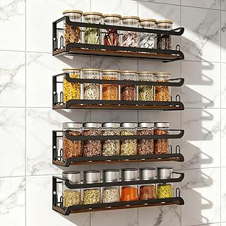 Doakhirmit Wall Mounted Spice Rack with 16 Hooks, Rustic Wood Spice Orga...
