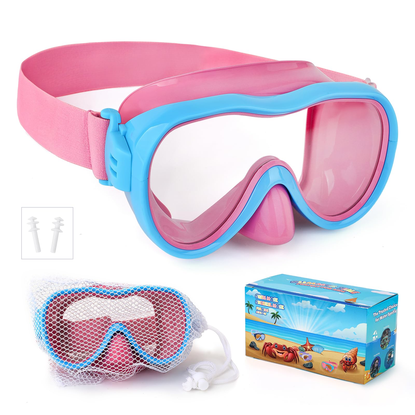 WAVE Kids Swim Goggles, Snorkel Mask Diving Mask Swimming Goggles with Nose Cover and Elastic Straps Cover & Mesh Bag & Ear Plugs