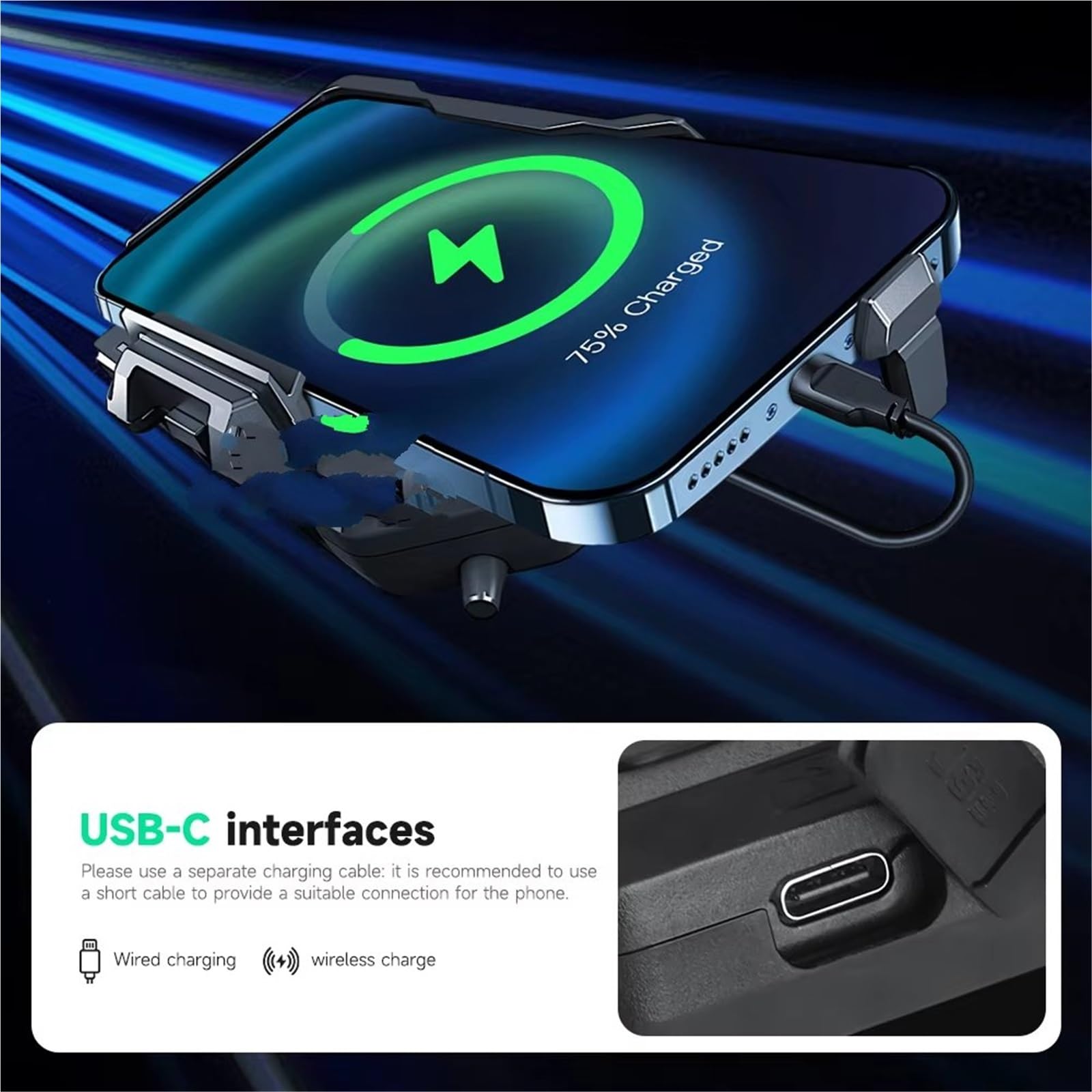 Moto Supporto Per Staffa Di Navigazione Per BMW Per R1300GS Per R1300 GS Per R 1300 GS Per R1300gs Supporto Telefono Moto Caricabatterie Wireless USB Ricarica Rapida(Wireless- Black Line)