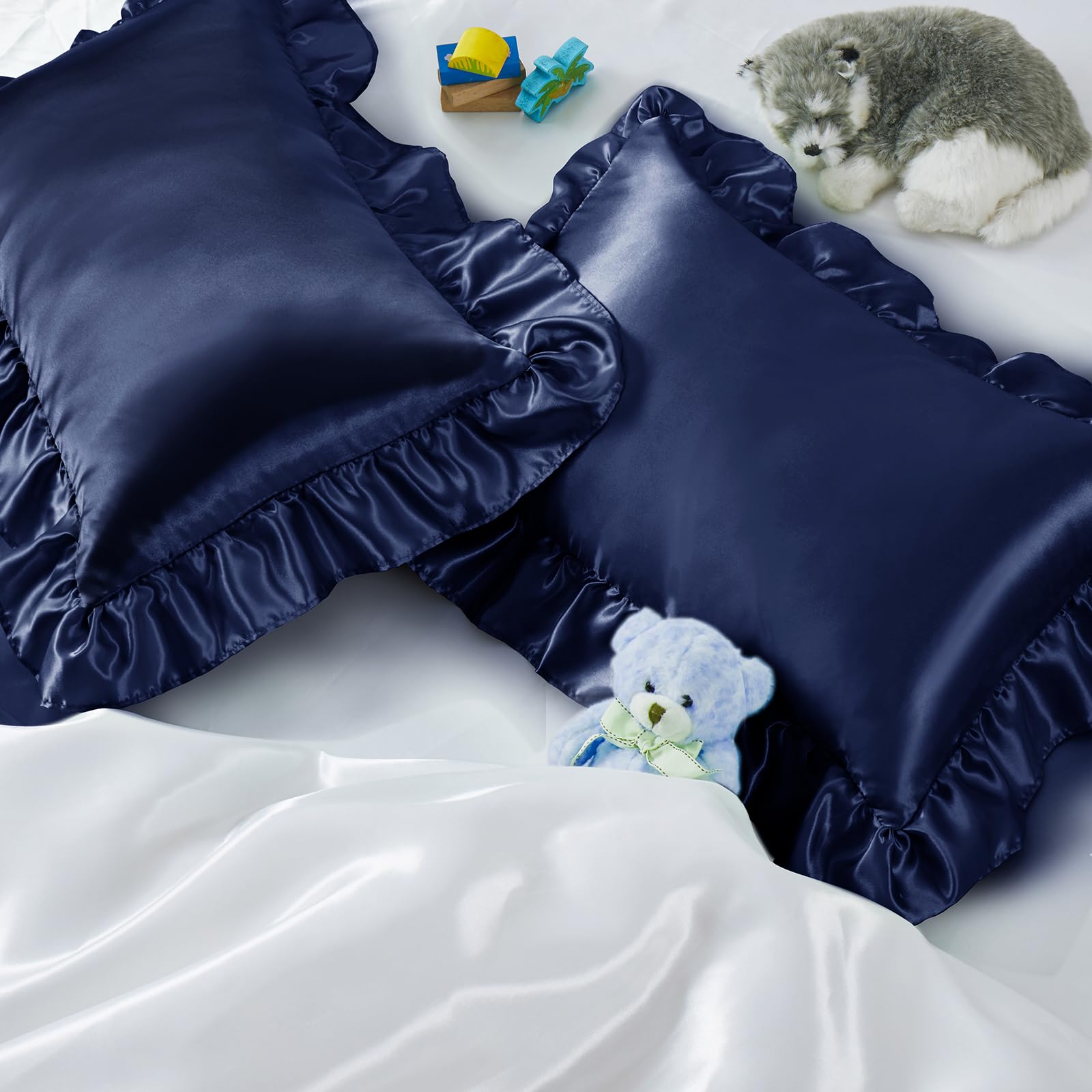 Entisn Ruffle Satin Toddler Pillowcase Set of 2, 13 x 18 Inch Toddler Silky Pillow Covers with Envelope Closure, Anti Wrinkle Soft Travel Pillow Case Nursery Pillow Sham for Girls, Boys (Navy Blue) — image 1