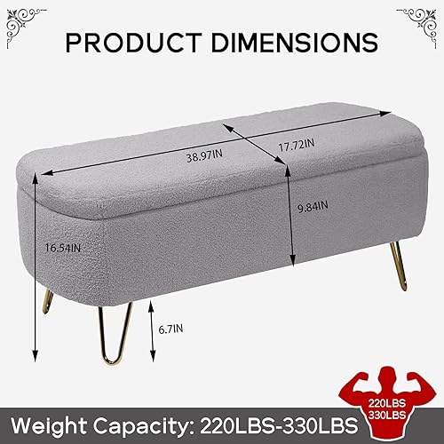 Miniatura 2 de NIOIIKIT Banco otomano de almacenamiento, cómodo banco de entrada tapizado de piel sintética con patas de metal, banco de dormitorio con parte