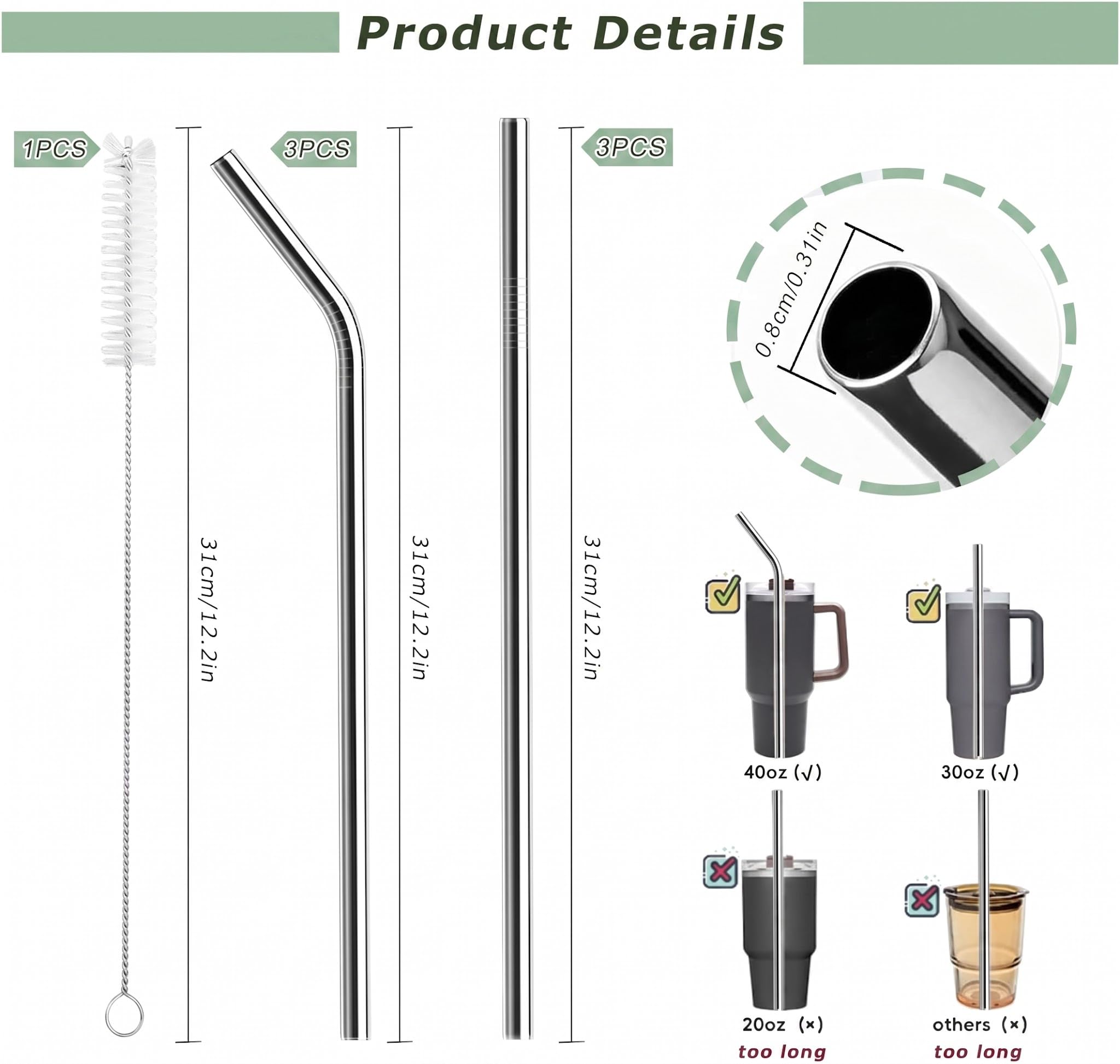6 unidades de pajitas reutilizables de acero inoxidable de 31 cm para taza Stanley 30 oz/40 oz – Pajitas de metal aptas para alimentos 304 con 1 cepillo de limpieza, aptas para lavavajillas