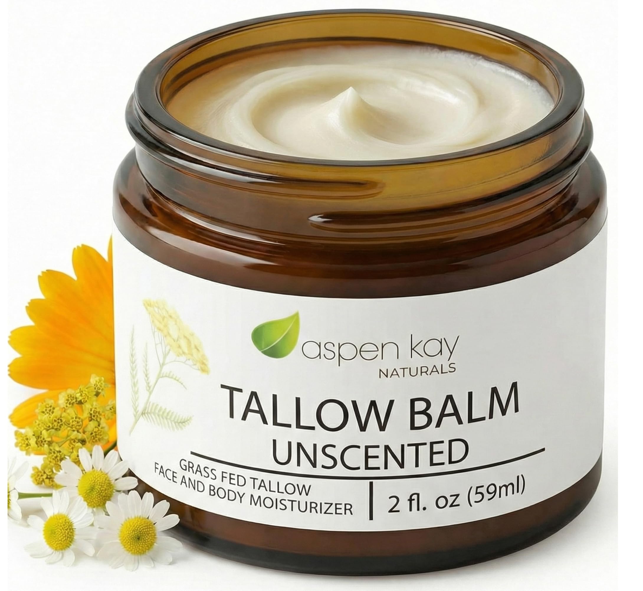 Handmade 100% Grass Fed Beef Tallow Balm for Skin Care, Organic Moisturizer + Chamomile, Yarrow & Calendula (Unscented) Organic Body Butter - 2 fl. oz. Made in USA