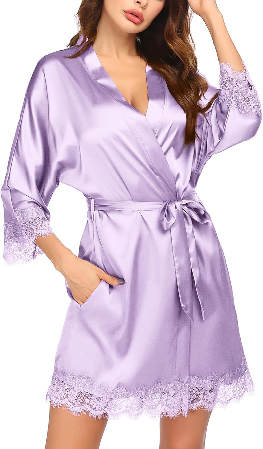 Ekouaer Womens Silk Robe Short Lace Trim Satin Robe 3/4 Sleeve Sexy Kimono Bride Bathrobe Comfy Sleepwear with Pockets
