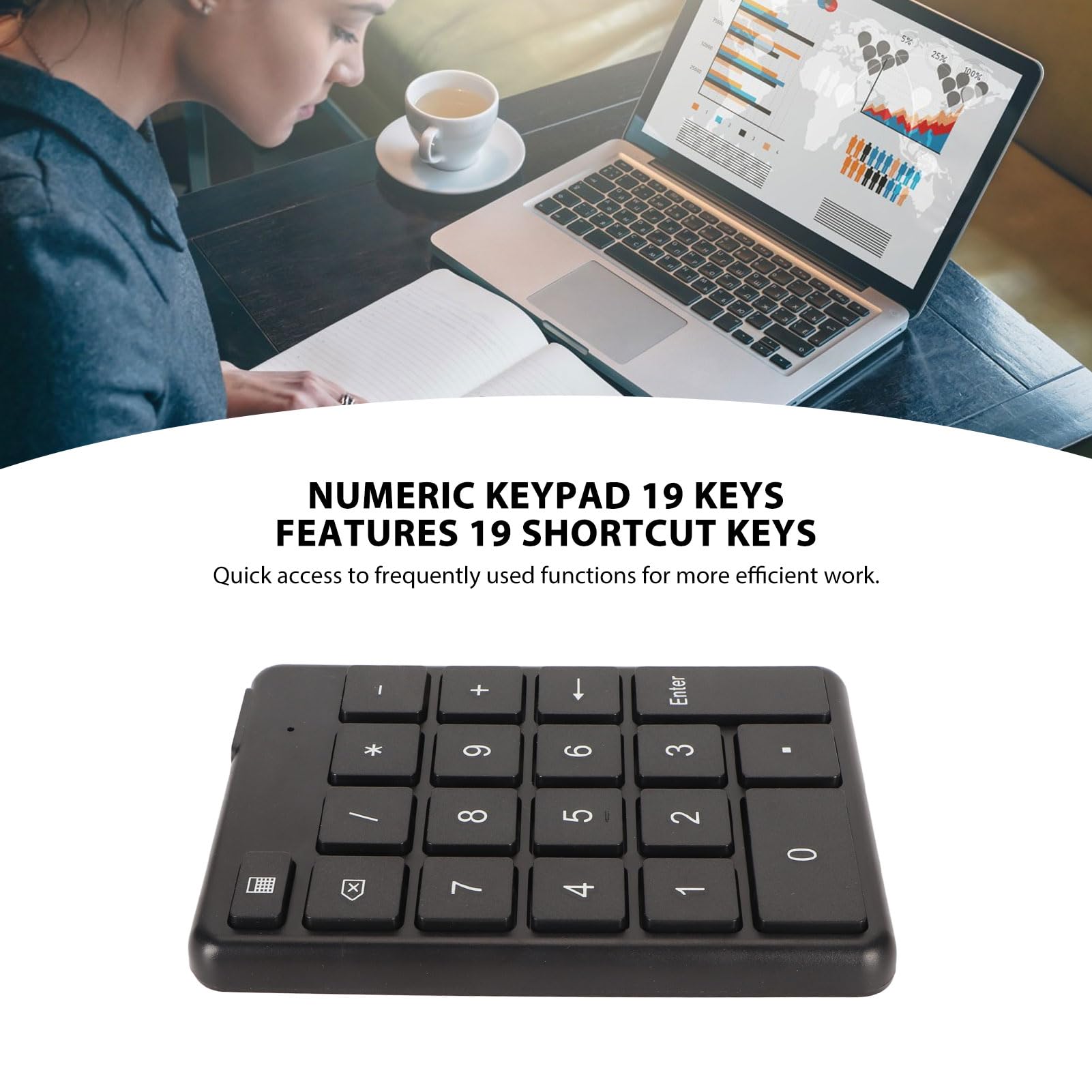 Vikye Teclado Numérico Bluetooth, Teclado Numérico Inalámbrico Bluetooth 5.1 de 19 Teclas, Teclado Numérico de Contabilidad Financiera Portátil con Batería para Computadora Portátil, PC