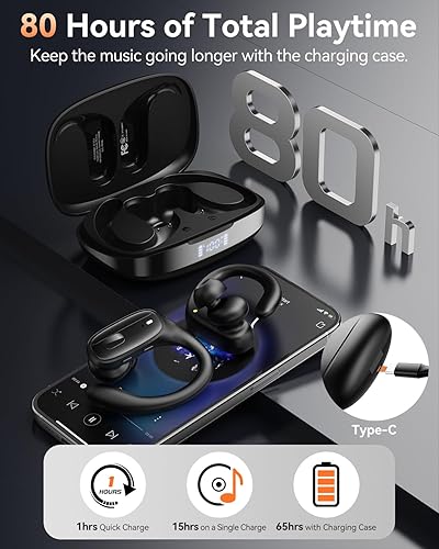 Miniatura 4 de LEEMC Auriculares inalámbricos, auriculares Bluetooth 5.4, auriculares con ganchos para deportes, auriculares de 80 horas de reproducción, pantalla