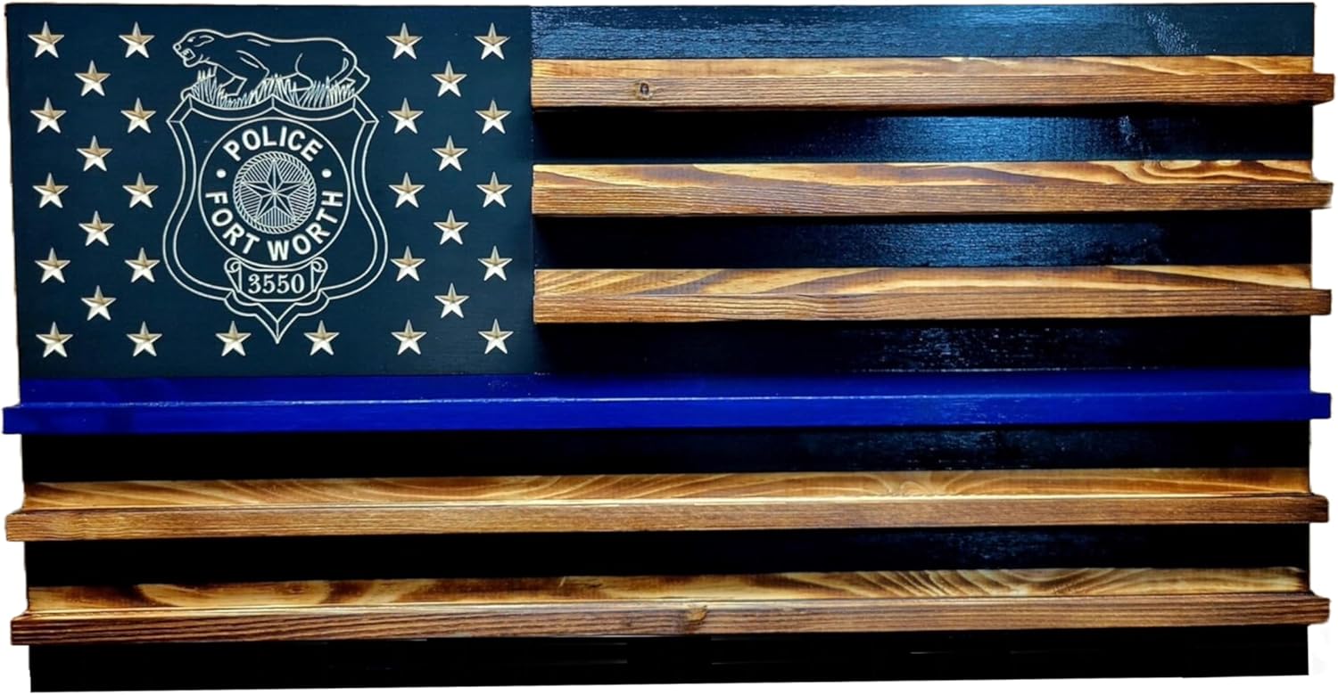 Ft. Worth Police Thin Blue Line Customized Challenge Coin Holder Display, Holds 90-100 Coins, for Military, Police, Law Enforcement, First Responders, Custom Handmade Quality, Made in Texas