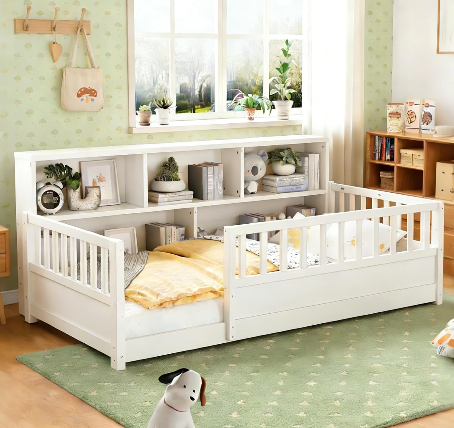 Bellemave Twin Floor Bed with Bookcase and Rails, Twin Size Montessori Floor Bed Frame with Storage Shelves, Versatile 2-in-1, Wooden, Easy Assemble, for Kids, Without Slats, White