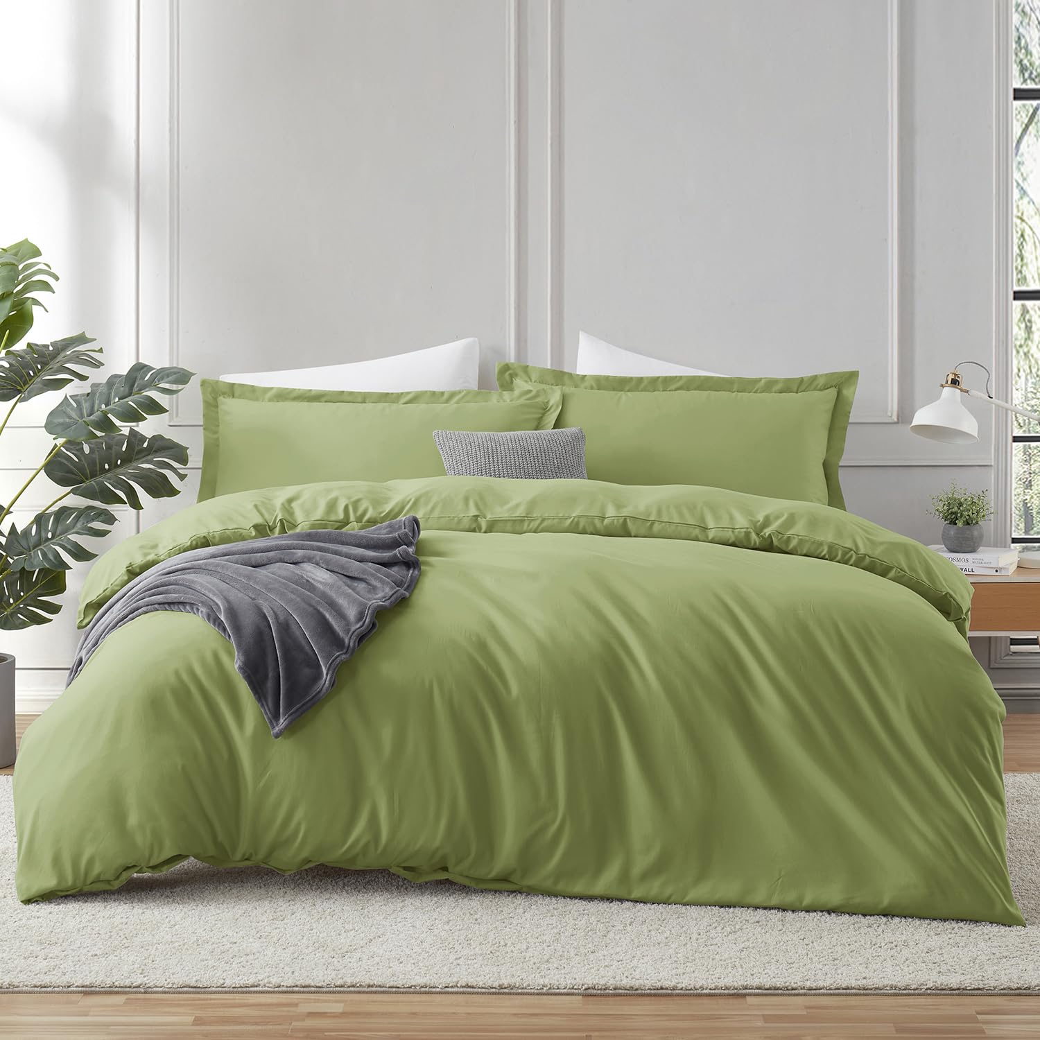 Hearth & Harbor Calla Green Duvet Cover Full Size - 3 Piece Full Size Duvet Cover Set, Soft Double Brushed Full Duvet Covers with Button Closure, 1 Full Duvet Cover 80x90 inches and 2 Pillow Shams