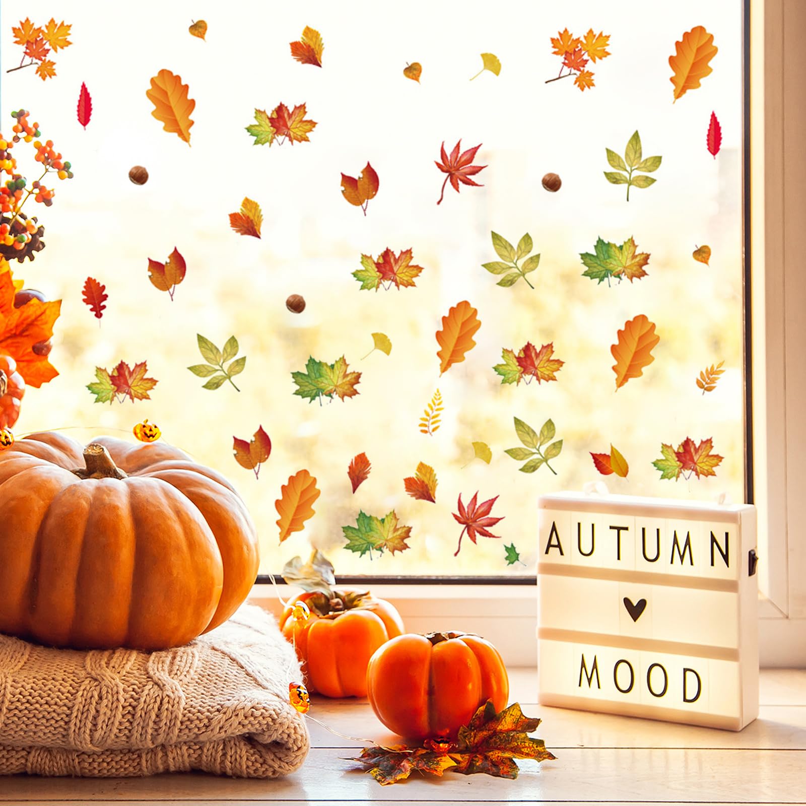 Decorazioni per Finestre Autunno - Adesivi per Finestre Autunnali Modelli Adesivi Foglia D'acero Zucca Scoiattolo - Decorazioni per Ringraziamento