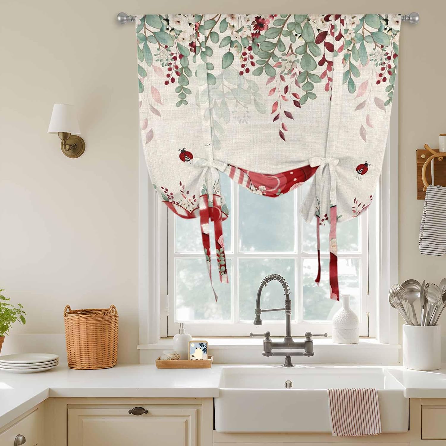 Love Heart Valentines Tie Up Curtains for Window, Rustic Eucalyptus Botanical Red Pink Thermal Insulated Balloon Shade Rod Pocket Curtains Valance Panels for Kitchen Bathroom Café 46'' x 63''