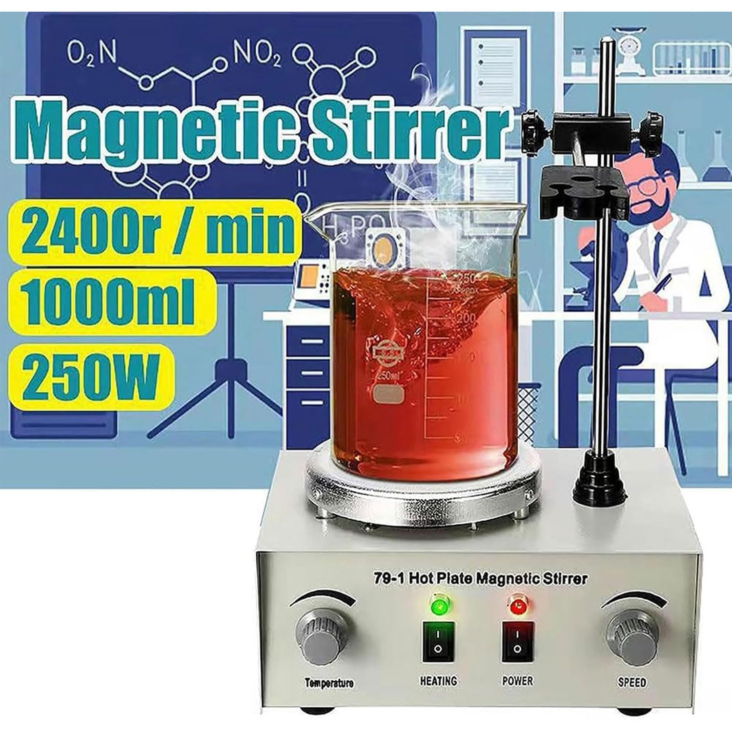 Agitador magnético de 250 W, placa de agitación eléctrica con pantalla digital, control de velocidad continuo 100-2400 RPM, temperatura máxima de 100 ℃ para laboratorios y escuelas