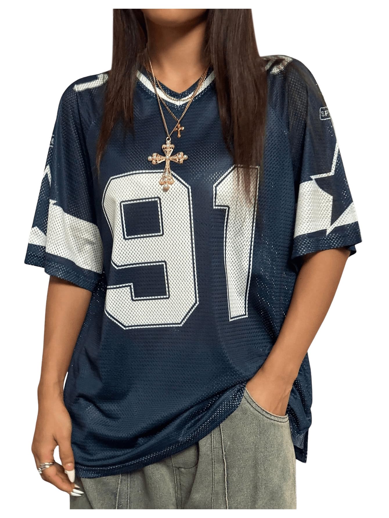 Women's Football Jersey Top V Neck Oversized T Shirt Streetwear
