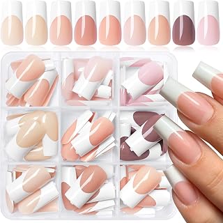 French Tip Long Acrylic Nails - Press Ons, Gel Tips, Glossy, Square, Multicoloured, Fake, Full Cover False Nails