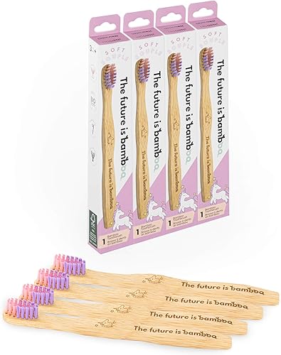 The future is bamboo - Paquete de 4 cepillos de dientes de unicornio de bambú suave para niños - Cerda suave para encías sensibles - Cepillo de