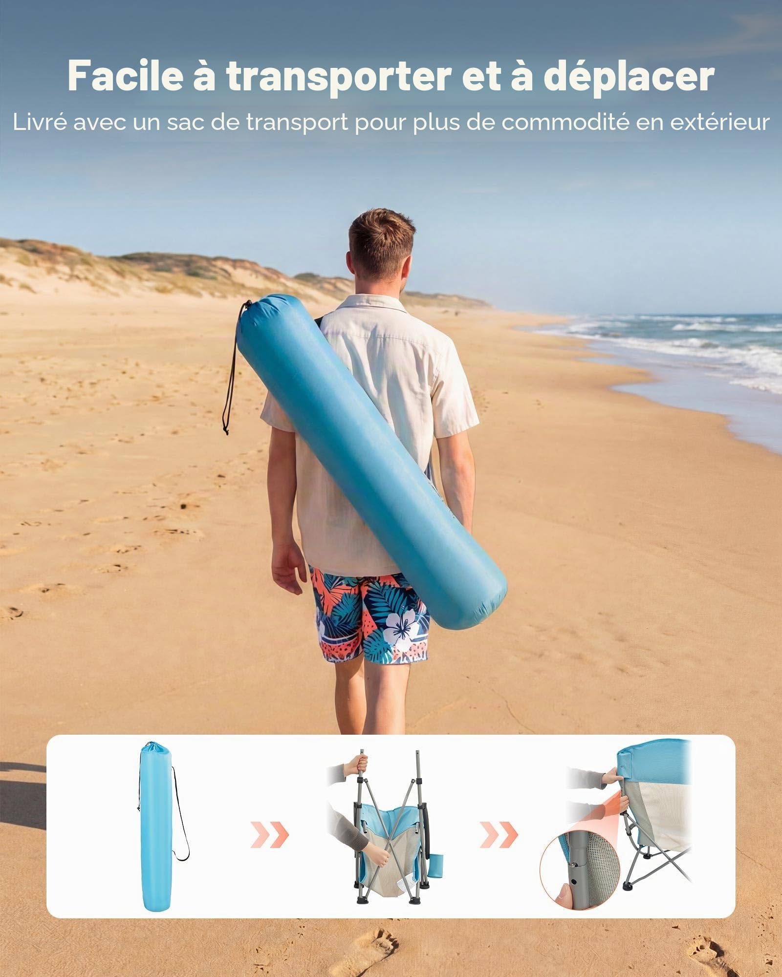 VEVOR Chaise de Camping Pliante et Portable 2PCs, Fauteuil Pliable Camping à Dossier Haut, pour Pique-Nique Randonnée Pêche en Plein Air, Charge 150 kg, avec Porte-gobelet et Sac de Transport, Bleu