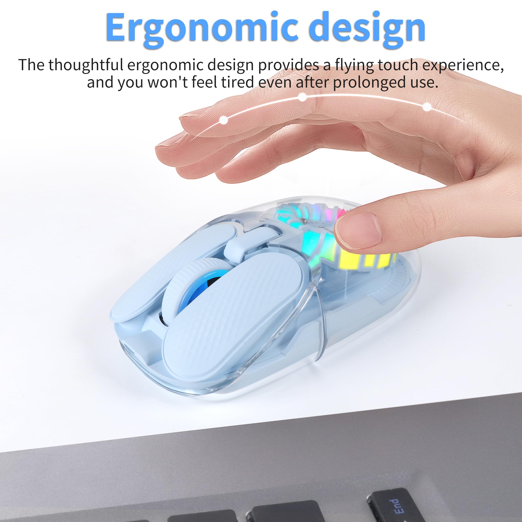 LIKE SHOW Mouse Bluetooth senza fili con ricevitore Nano USB, Tri-Mode (BT5.1+ BT5.1 + 2.4 GHz), mouse wireless silenzioso ricaricabile, copertura trasparente, mouse RGB per laptop, PC, iPad, Mac, blu