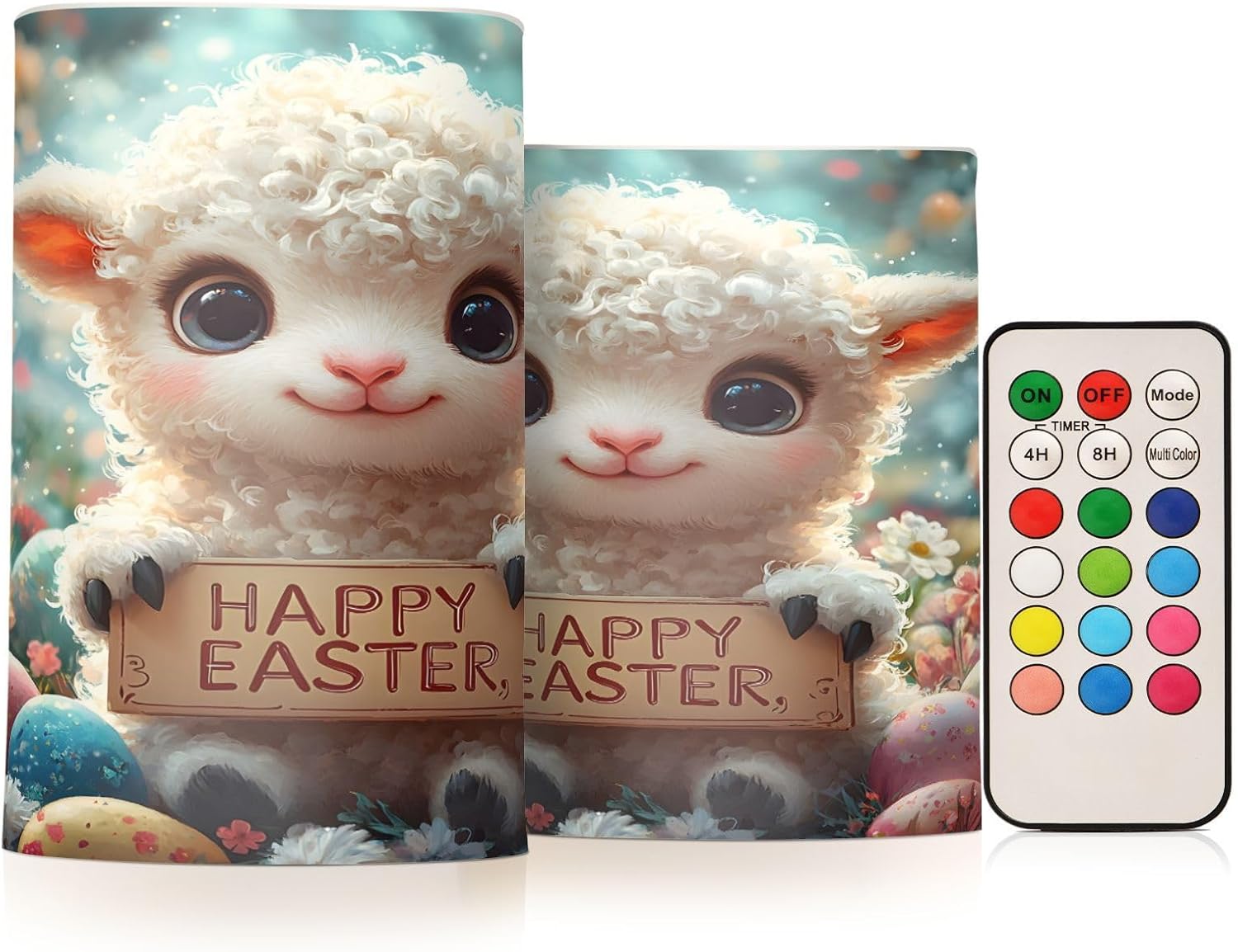 ALAZA Easter Egg Sheep Flower Flickering Flameless Candles Pillar Led Candles Battery Operated Candles with Remote and Timers Set of 2