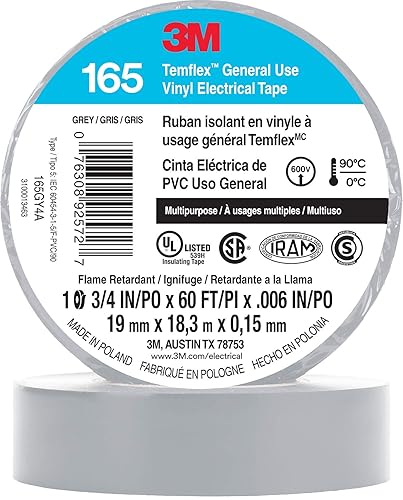 3M Temflex Multi-Purpose Vinyl Electrical Tape 165, Gray, 34 in x 60 ft (19 mm x 18 m), 10 Roll Pack