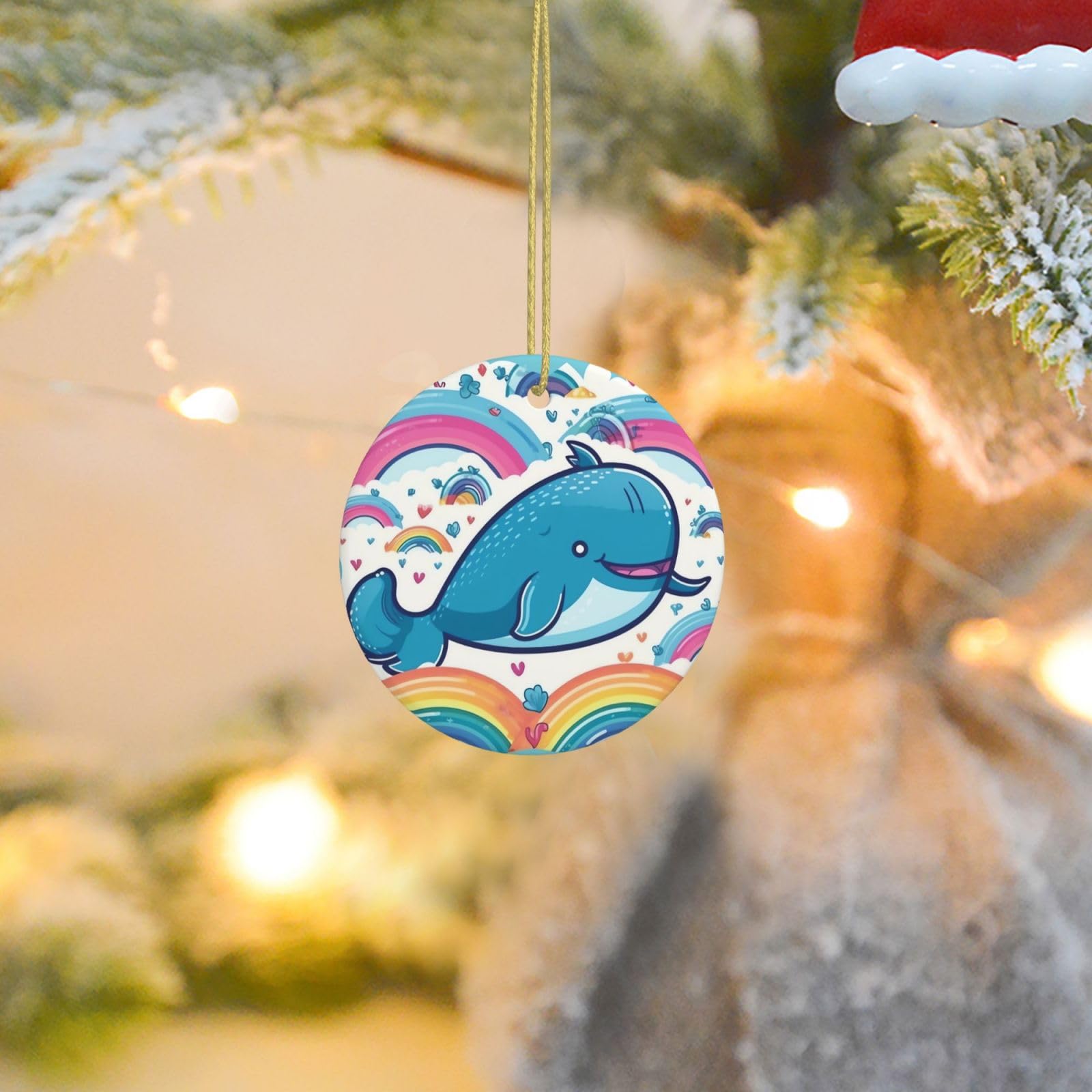 Christmas Tree Ornaments Ceramics Christmas Round Decorations Cartoon Whale and Rainbow Ceramics Ornaments Circle Pentagram Xmas Tree Hanging Pendant for Christmas Tree Party Holiday Home Decor