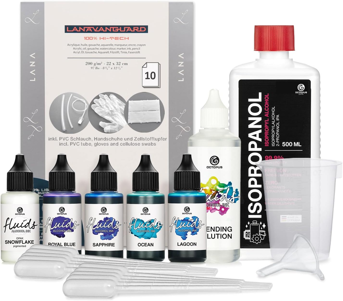 5 x 30 ml Octopus Fluids Alcohol Ink Complete Kit Breeze with Blending Solution, Alcohol Ink Paper and accessoreies for Fluid Art