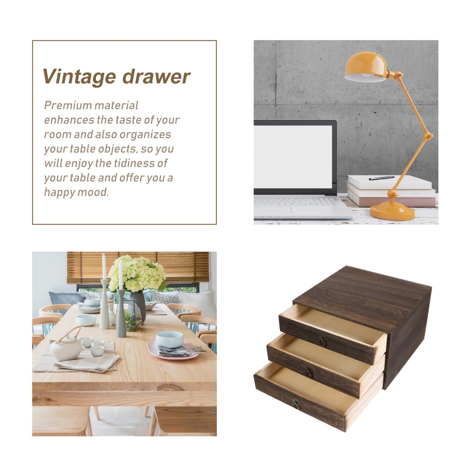 Organizer Retro in Legno Massello da Scrivania 3 Cassetti per Decorazione Casa e Facile Organizzazione di Accessori e Oggetti da Tavolo