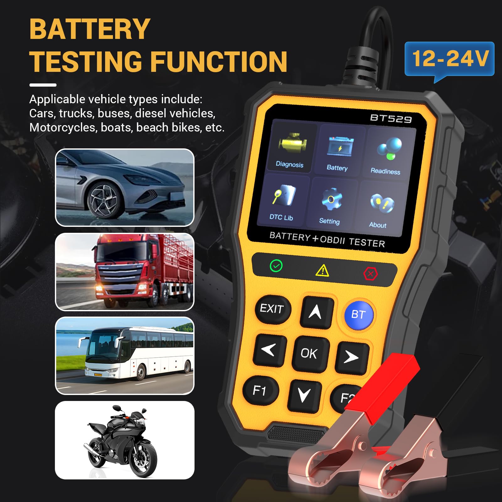 BT529 Comprobador de batería de coche 100 – 2000 CCA 12 V-24 V AGM GEL EFB STD Comprobador de batería, analizador de generador digital para vehículos de motor, sistema de carga para coches, camiones
