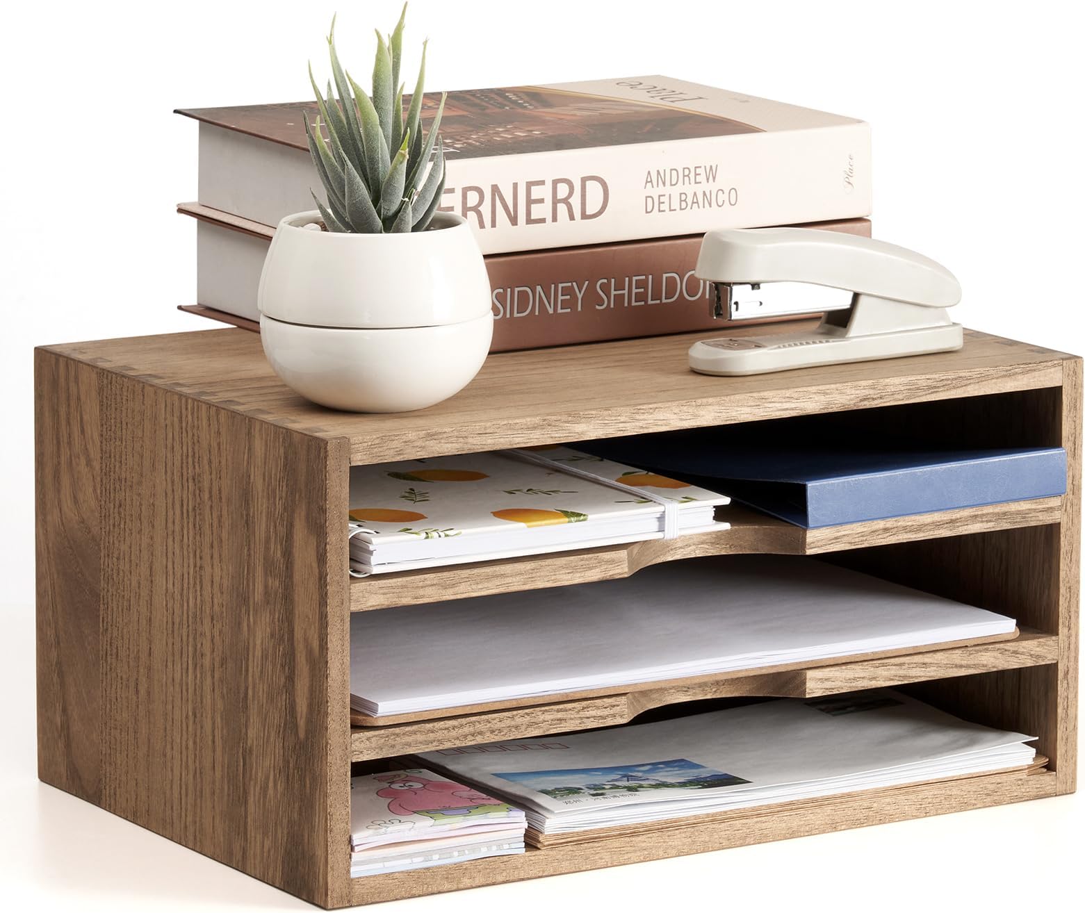 KIRIGENWooden Desktop Organizer Paper Storage Letter Tray File Sorter - Desk Rack Magazine File Dividers Holders for Home Office Accessories with 3 Layer Trays Dark Brown (3KWJG-DBR)
