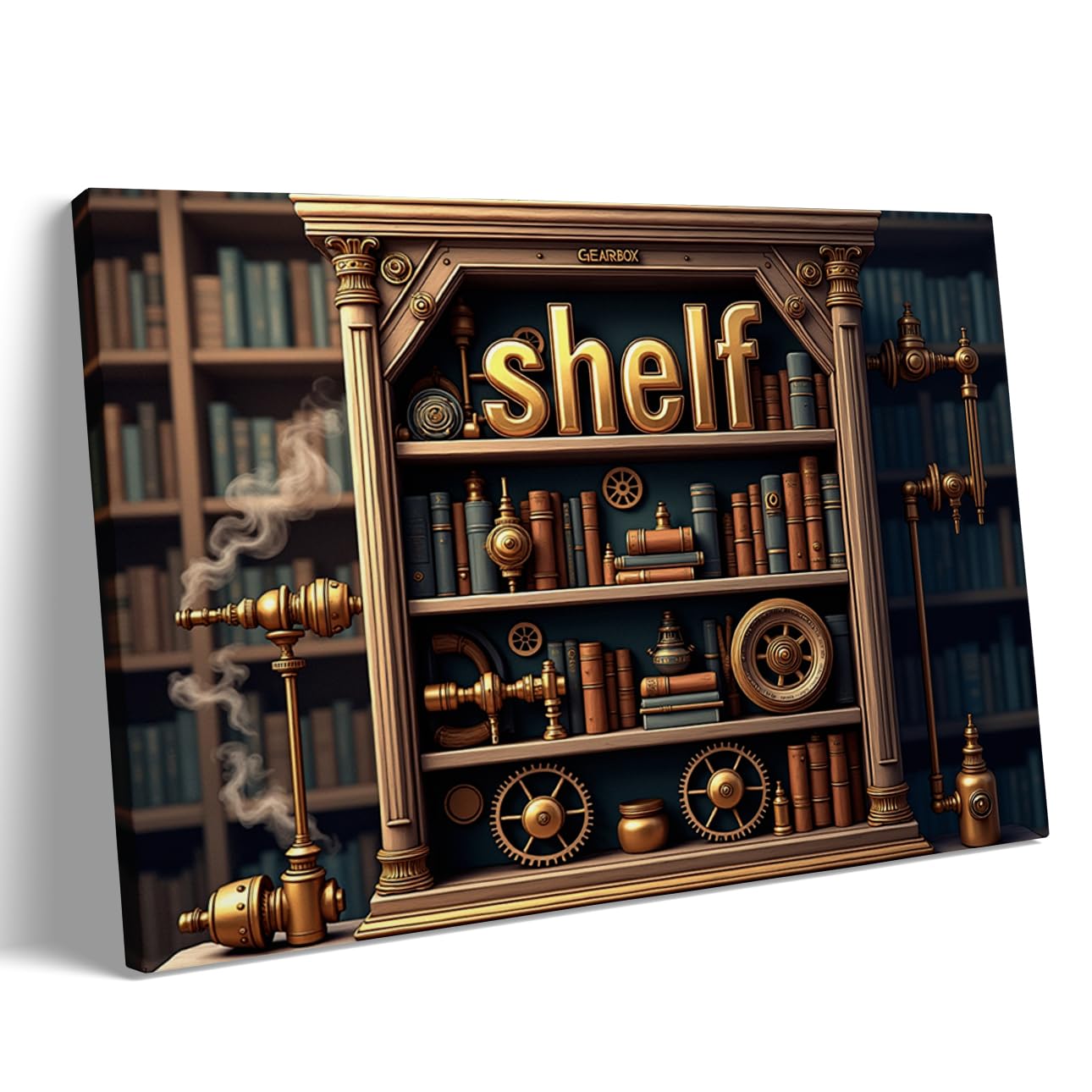 Steampunk Bookshelf Wall Art – Vintage Mechanical Library Canvas Print, Retro Industrial Gear Poster, Victorian Steampunk Decor for Office or Study Room 60x90cm Frame