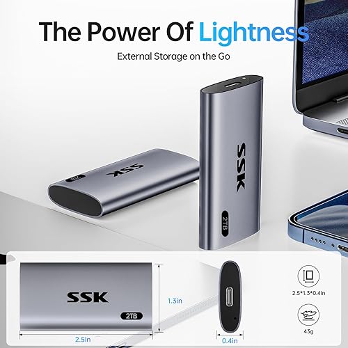 Miniatura 7 de SSK Disco duro externo SSD de 2 TB, SSD portátil de hasta 550 MBs, unidades de estado sólido rápidas, unidad externa USB 3.2 Gen2 SSD para iPhone