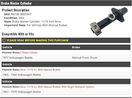 Cilindro maestro de freno, orificio de 11/16 pulgadas, compatible con Volkswagen Beetle 1965-1970 con frenos manuales y cilindro maestro de freno de