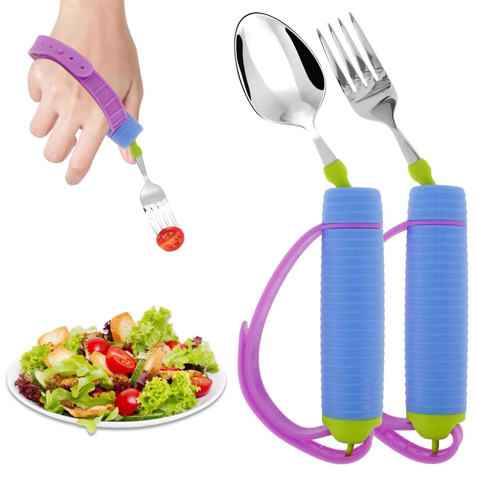 Juego de utensilios adaptativos con mango antideslizante y correa ajustable de silicona giratoria de 360° para discapacitados Ayuda a comer con cuchara y tenedor de acero inoxidable para