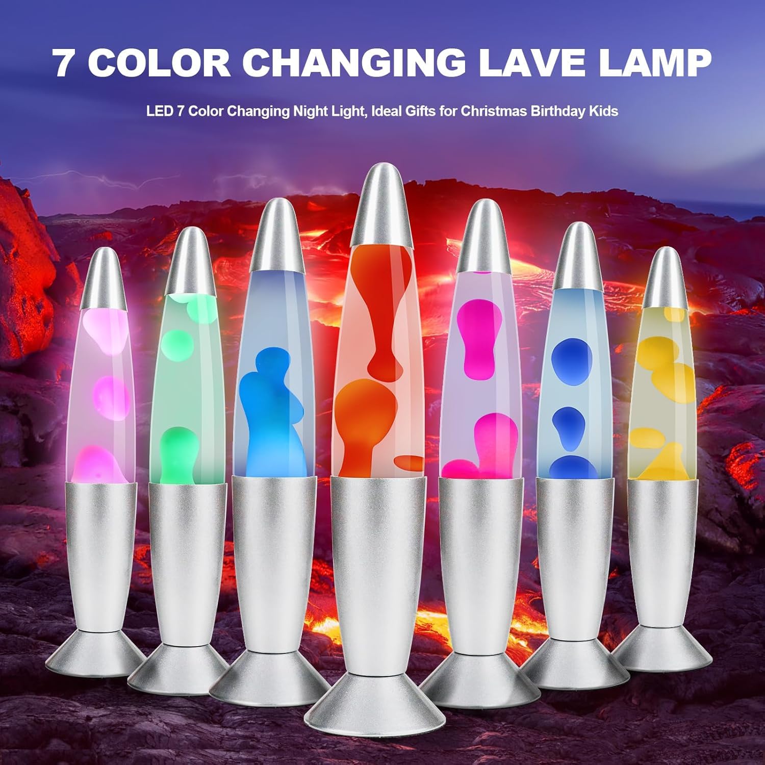 CELLUSTOP Lampa lawowa LED Wielokolorowa 7 kolorów - Lampa lawowa LED - Magma Lava Lampa Rakieta LED Heavy Duty Glass - Płynny ruch LED Lampka nocna Oświetlenie LED 7 alternatywnych kolorów