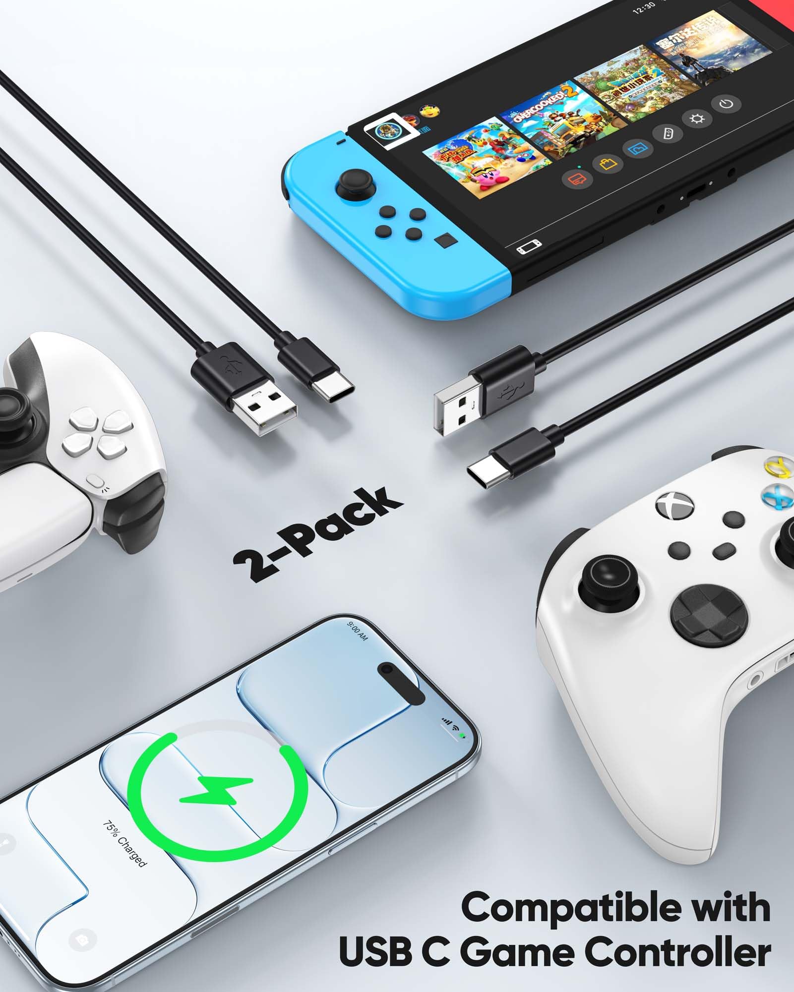 USB-A-auf-USB-C-Kabel, 7,6 m, 2er-Pack, PS5-Controller-Ladekabel für PS5/PS5 Pro-Controller, Xbox-Controller, Switch Pro-Controller, extra langes USB-C-Ladekabel für PS5, Xbox Serie X/S,N-Switch