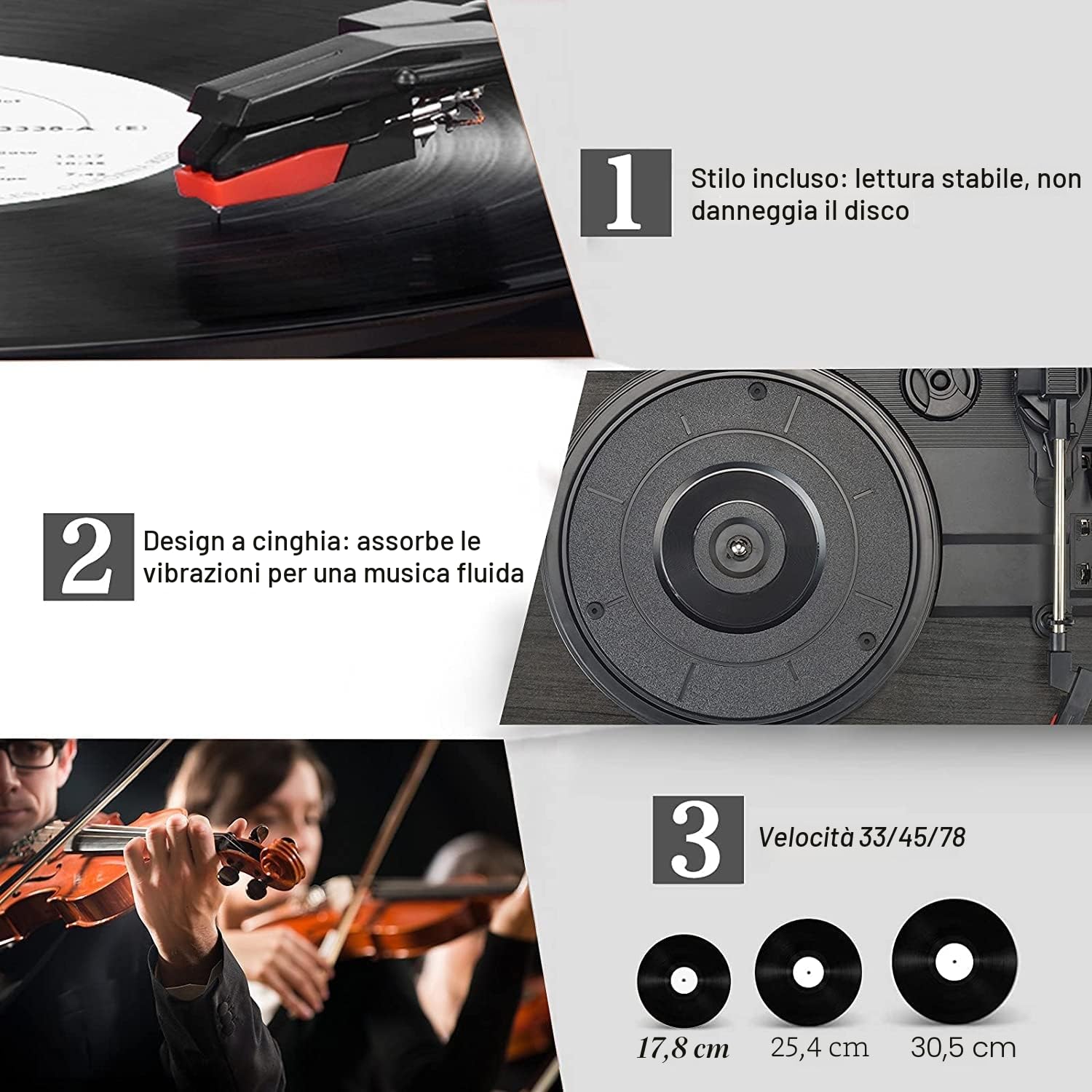 Udreamer Giradischi Bluetooth con Altoparlanti Integrati, Trasmissione a Cinghia, 3 Velocità, Legno Nero