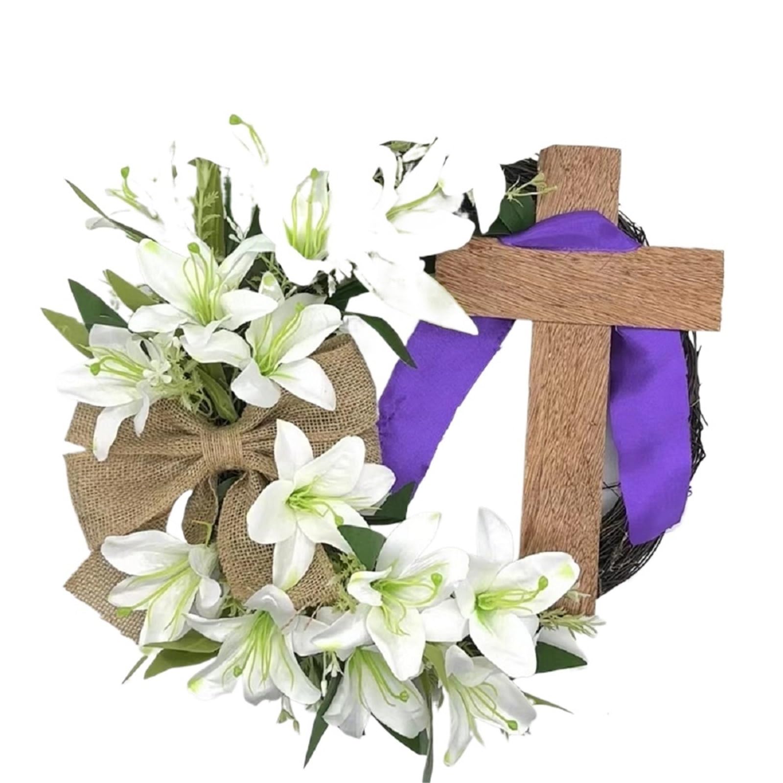 Door Wreath 45cm Easter Cross Wreath Imitation Plant Spring Door Hanging Decoration Flower Festival Home Garland(Purple,35cm)