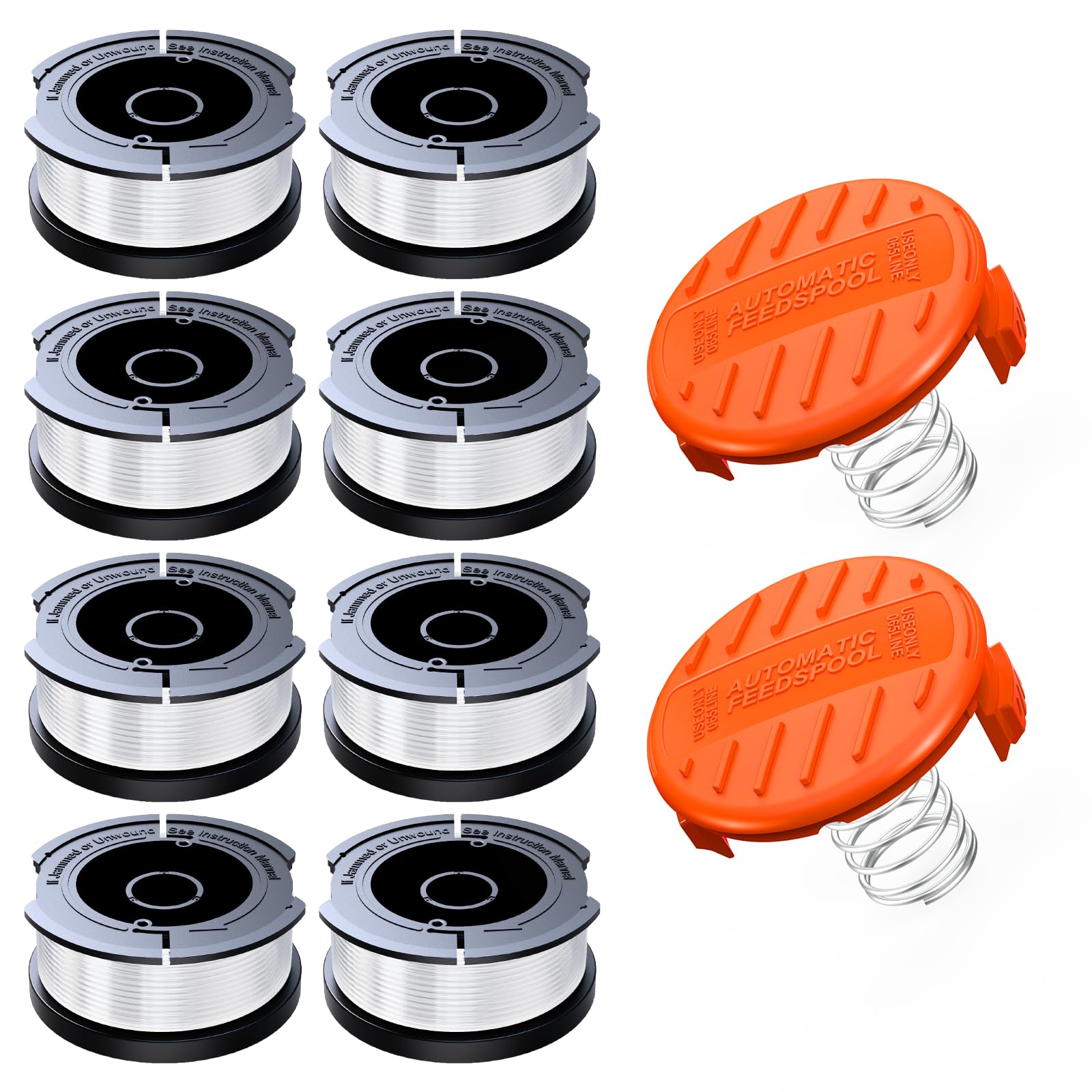 VOSOIR 10 Pack Weed Eater String for Black and Decker, Craftsman Weed Wacker, AF100 Weed Eater Spool, 0.065'' String Trimmer Line Spool, Autofeed Replacement Refills(8 Spools+2 Caps+2 Springs)
