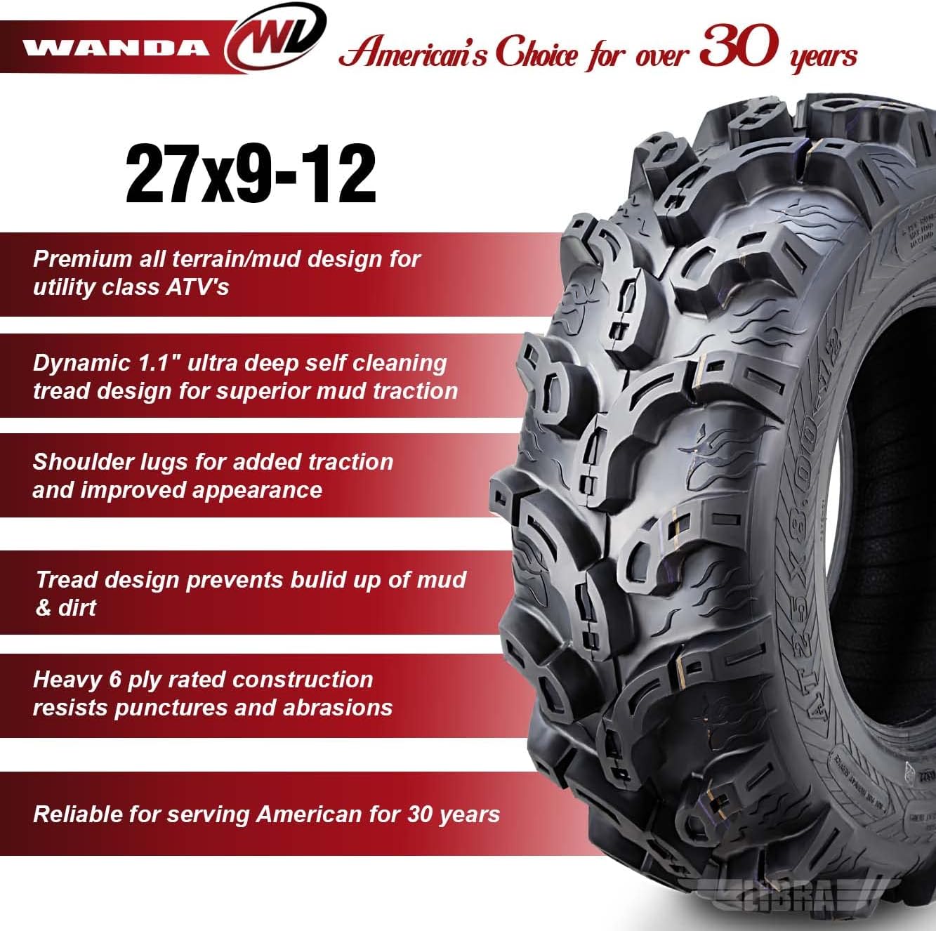 WANDA One ATV/UTV Tire 27x9-12 27x9x12 6PR P375 10219 Super Mud Snow