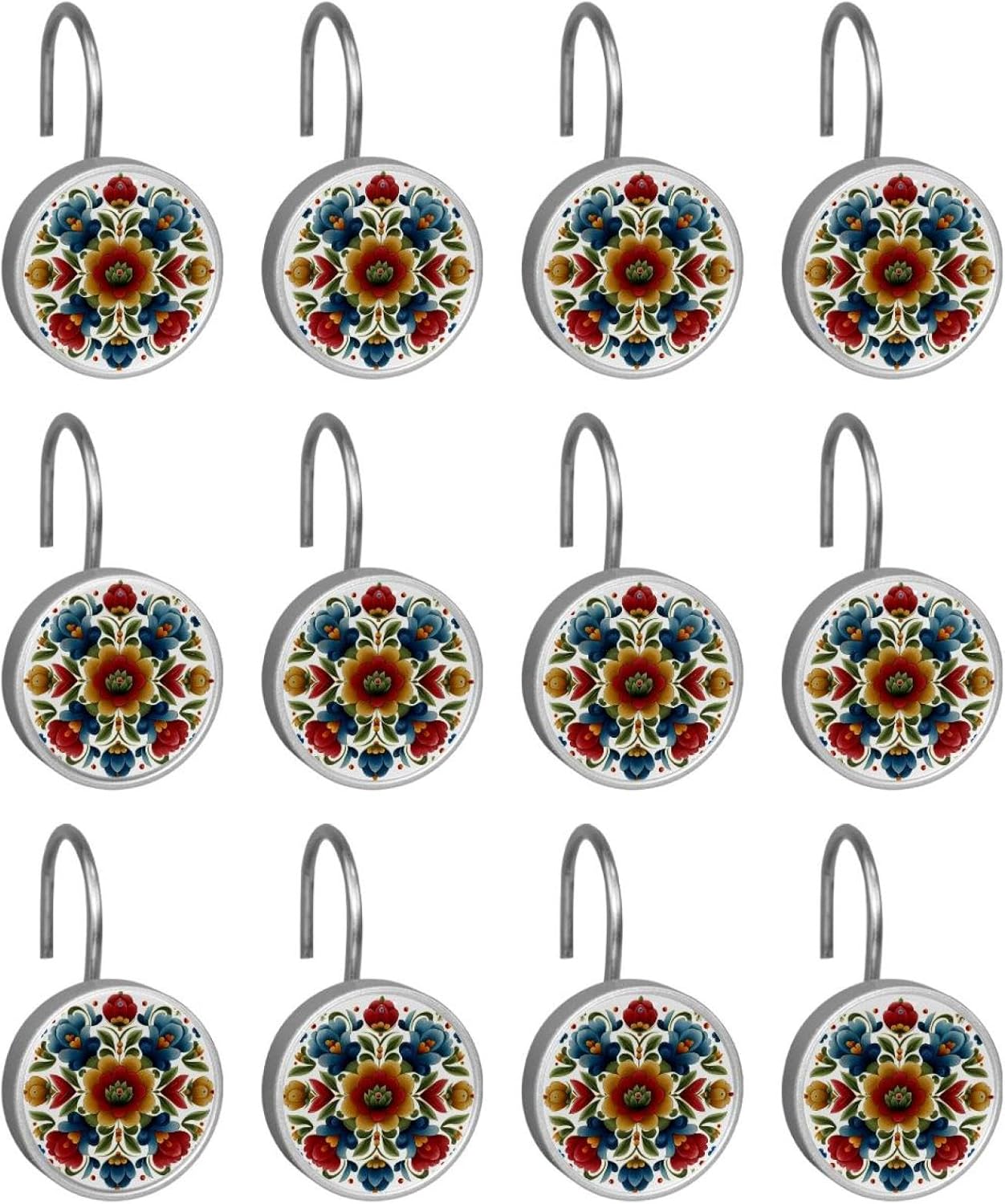 Norwegian Rosemaling Folk Style Flower (31) Shower Curtain Hooks Rings, rustproof Stainless Steel for Bathroom Shower Rod, 12 Pack